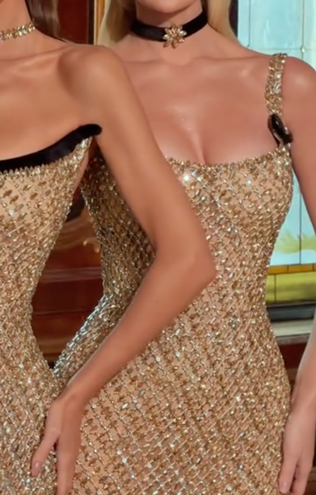 Sparkling Nude Gold Fitted Maxi Dress