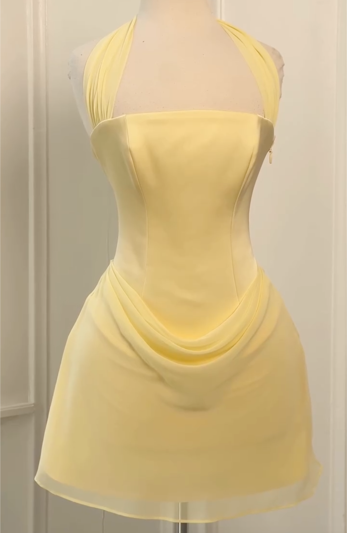 Halter Square Neck Draped Chiffon Mini Dress, Light Blue / Pale Yellow / White Slim Vacation Cocktail Party Gown