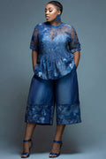 Xpluswear Design Plus Size Daily Lace Blue Round Neck Short Sleeve Contrast Pocket Tencel Denim Two Piece Short Sets