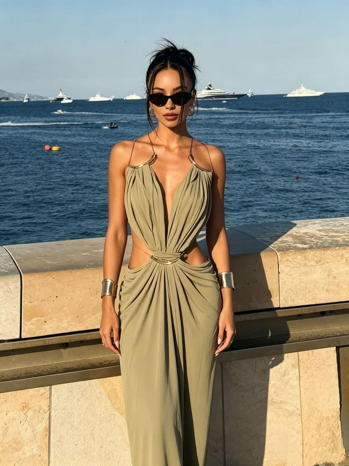 Glamorous Gold Ring Draped Cut-Out Resort Maxi Dress