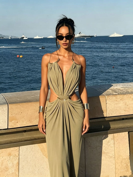 Glamorous Gold Ring Draped Cut-Out Resort Maxi Dress