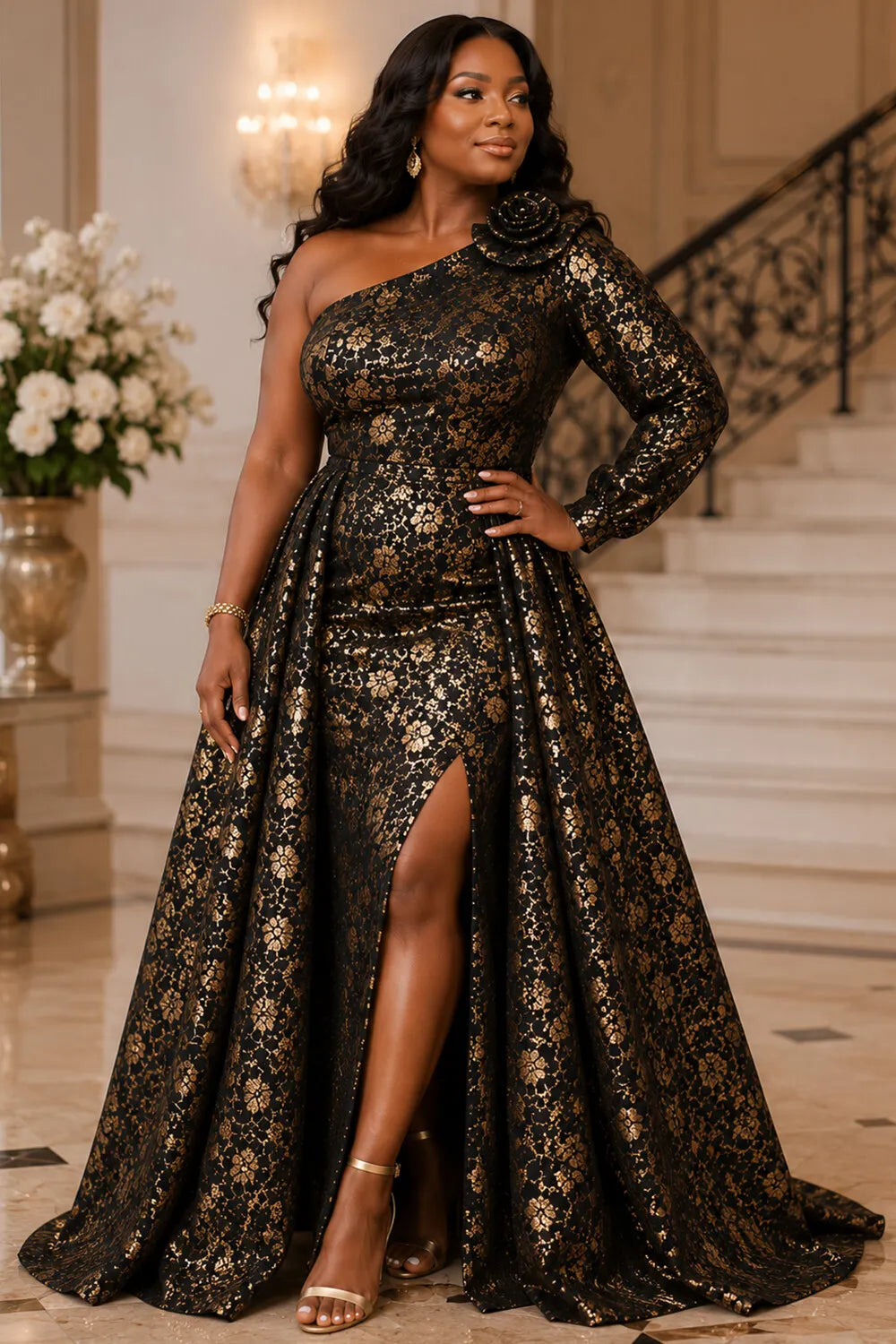 Gold Foil Print One Shoulder Long Sleeve Split With Skirt Overlay Satin Maxi Dresses [Pre-Order]