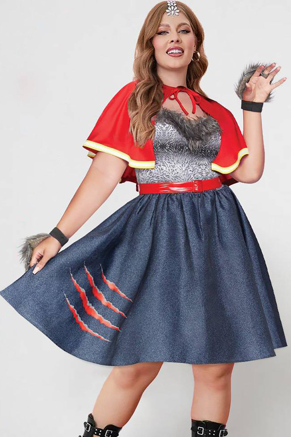 Halloween Dress Red Feather Shawl Patchwork Mini Dress(Ships 24h)