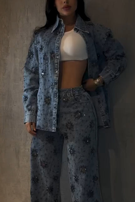 Fashion Rhinestone Floral Jacket + Elastic Waist Wide Leg Jeans
