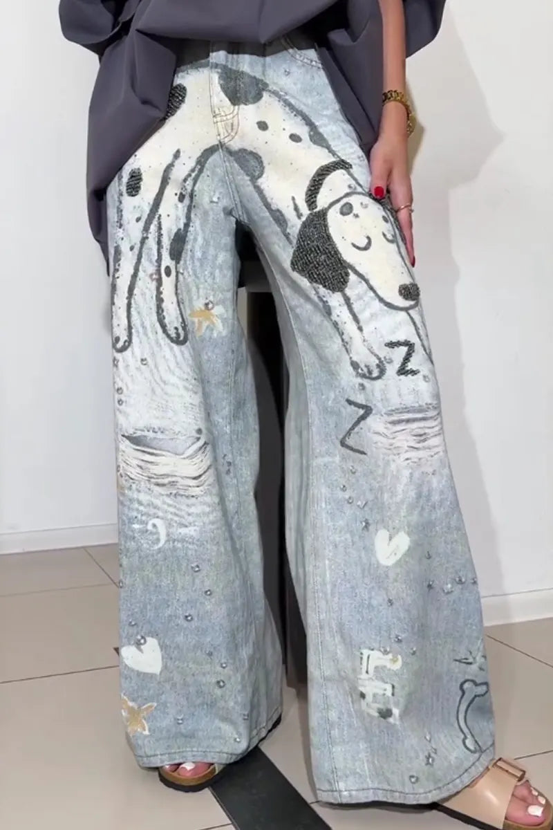 Women's High-Waisted Baggy Jeans with Cute Dog Cartoon Print & Rhinestone Accents