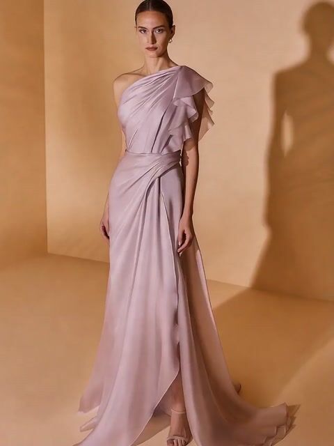 One Shoulder Solid Color Maxi Dress