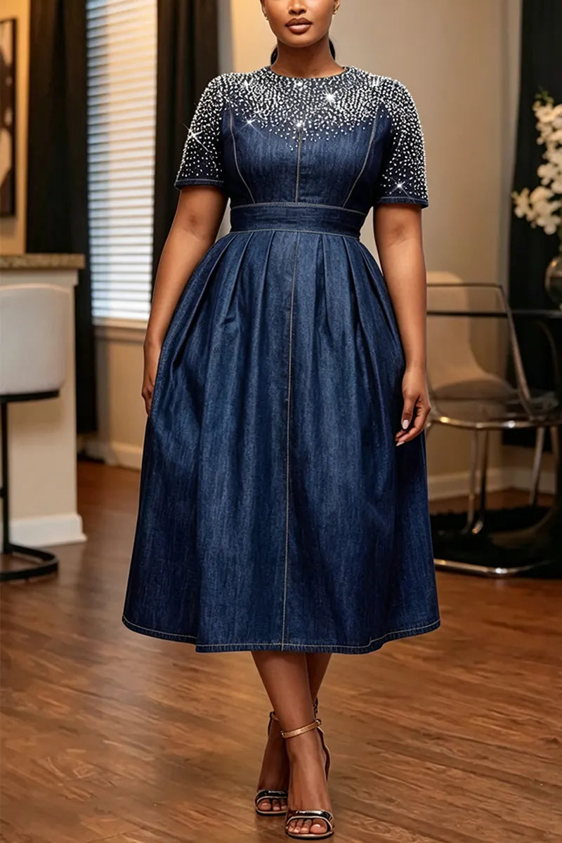 Women's Elegant Rhinestone Short Sleeve Waist-Defined Denim Dress