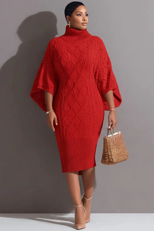 Business Casual Red High Collar Flare Long Sleeve Bodycon Elegant Crochet Midi Dresses