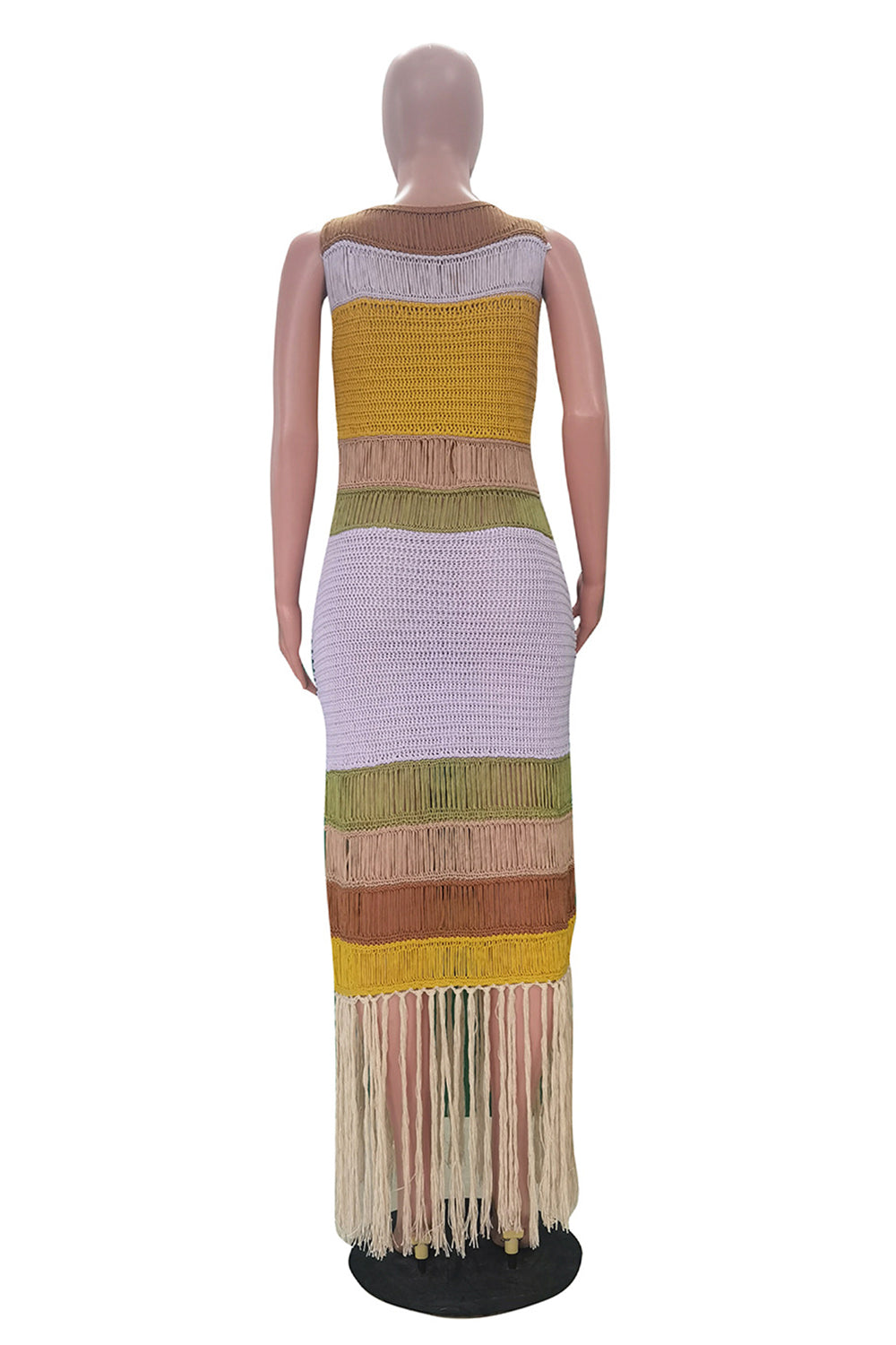 Boat Neck Sleeveless Colorblock Fringe Crochet Vacation Maxi Dresses-Blue