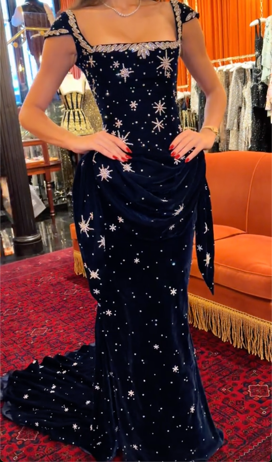 Navy Velvet Starburst Beaded Qipao Mini/Maxi Dress with Capelet Detail