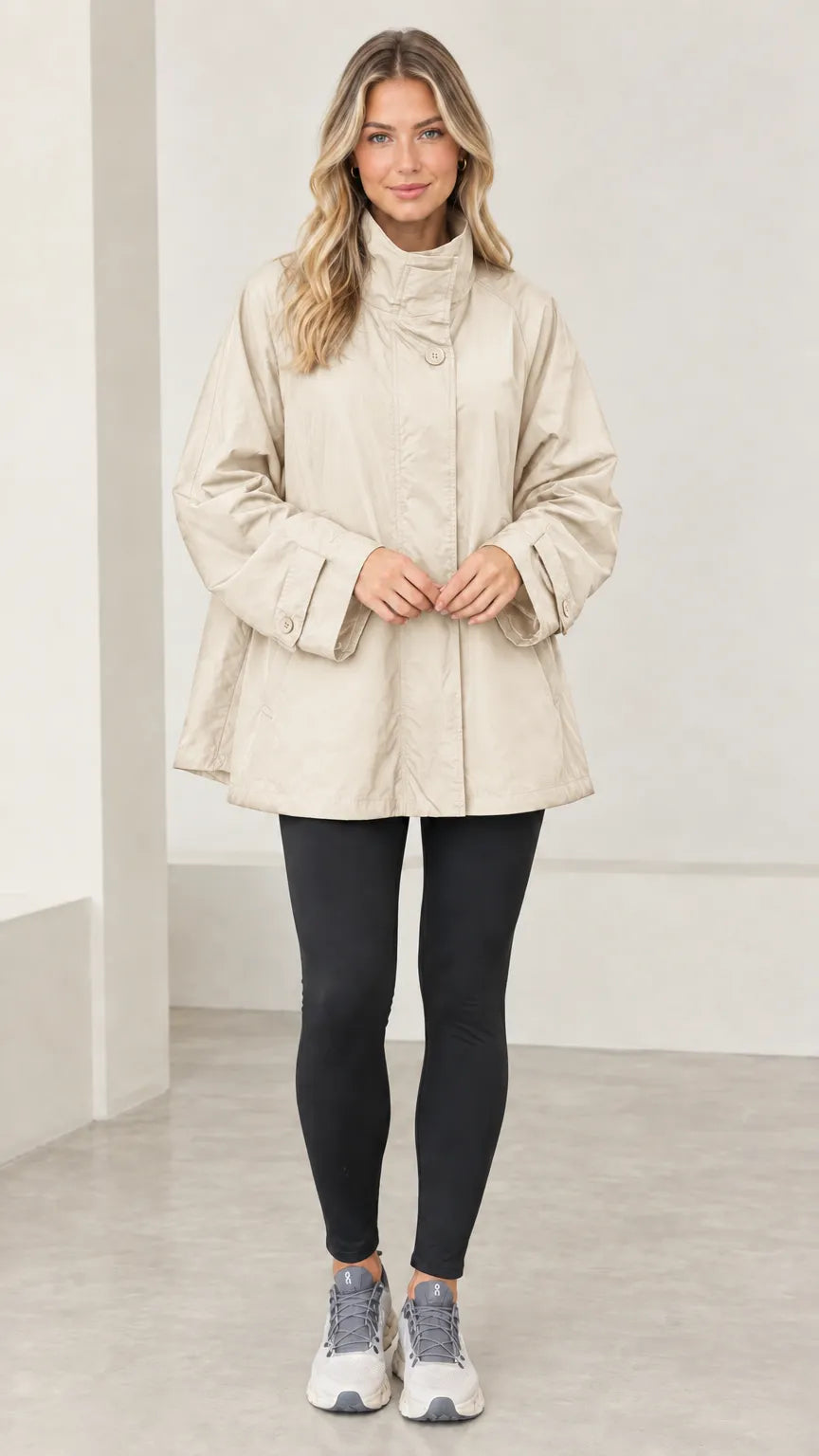 Women's Stand Collar A-Line Swing Trench Jacket with Back Flap
