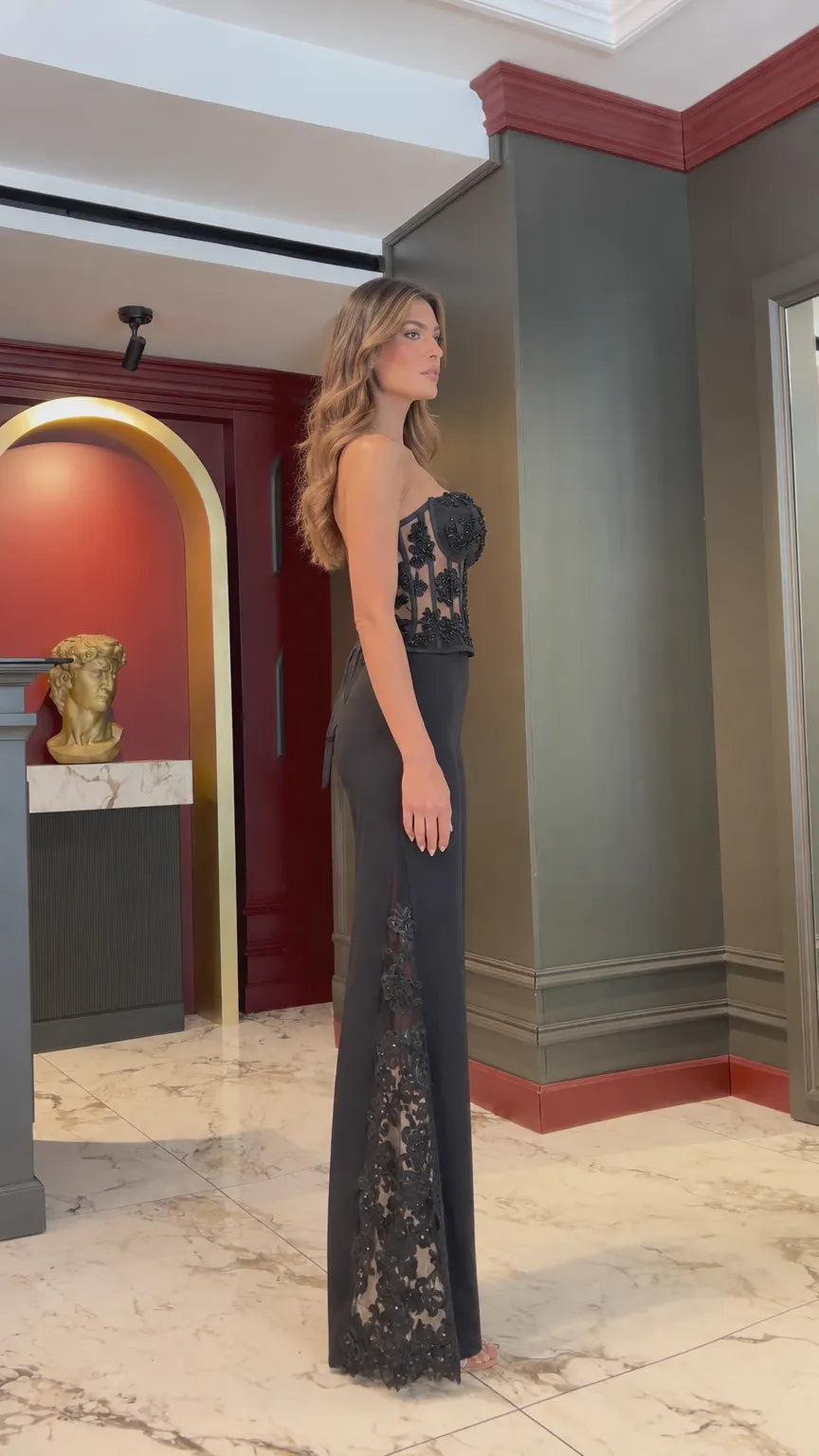 Strapless Lace Corset Wide-Leg Evening Jumpsuit