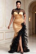 Tulle Gold Round Neck Short Sleeve Ruffle Split Satin Maxi Dresses [Pre-Order]