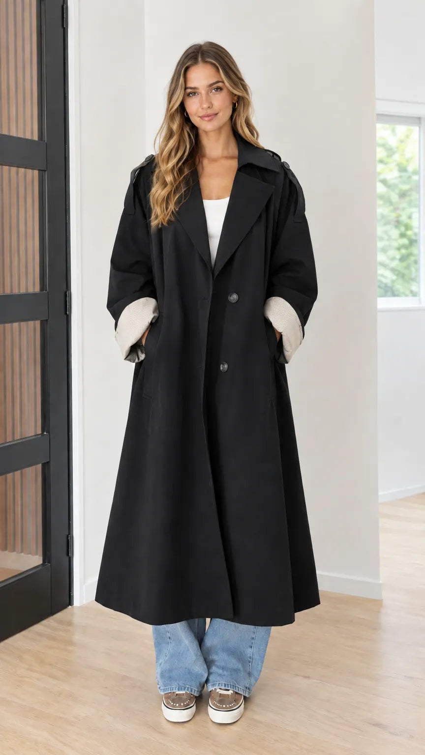 Women's Oversized Maxi Trench Coat with Contrast Ribbed Cuffs