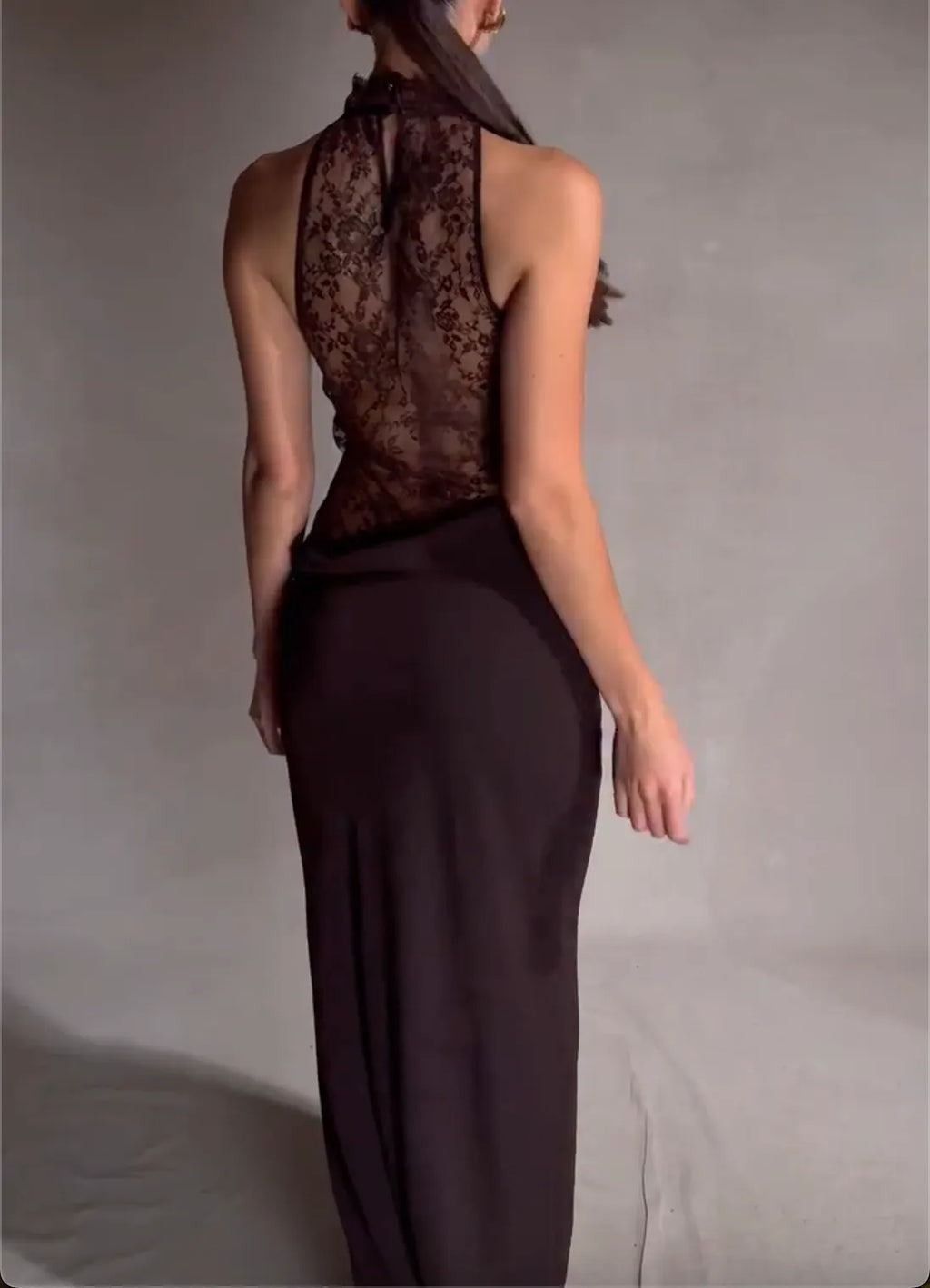 Dark Brown Lace Halter Maxi Dress with Cowl Neck & Sheer Waist Cutout