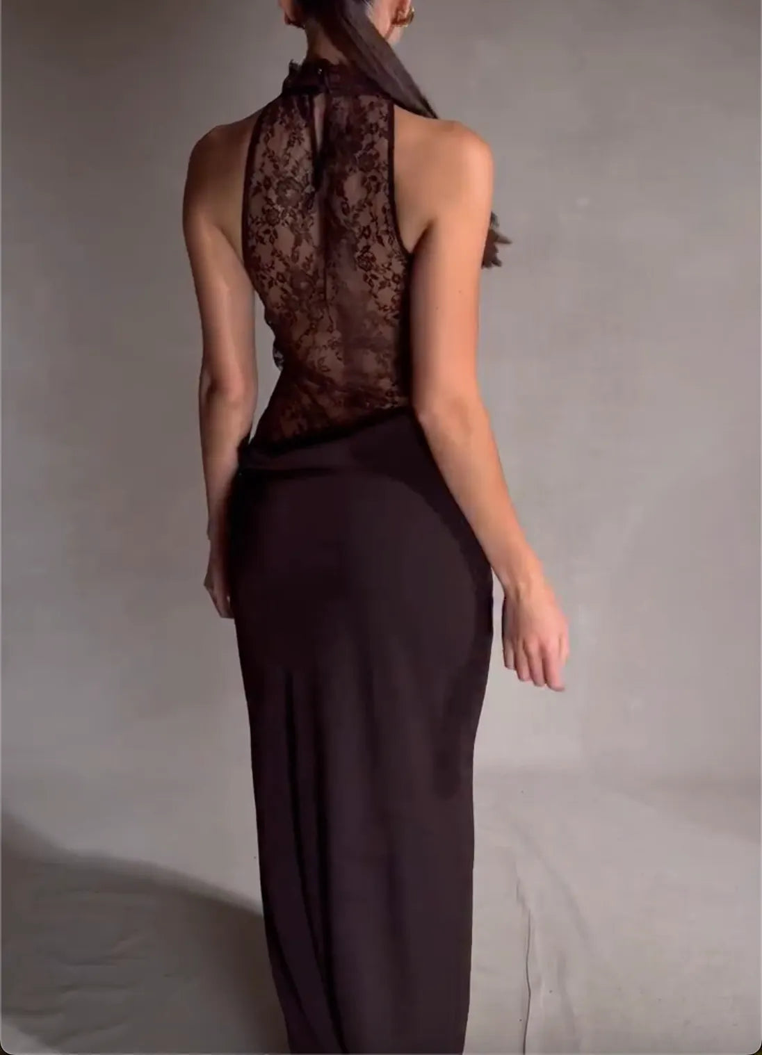 Dark Brown Lace Halter Maxi Dress with Cowl Neck & Sheer Waist Cutout