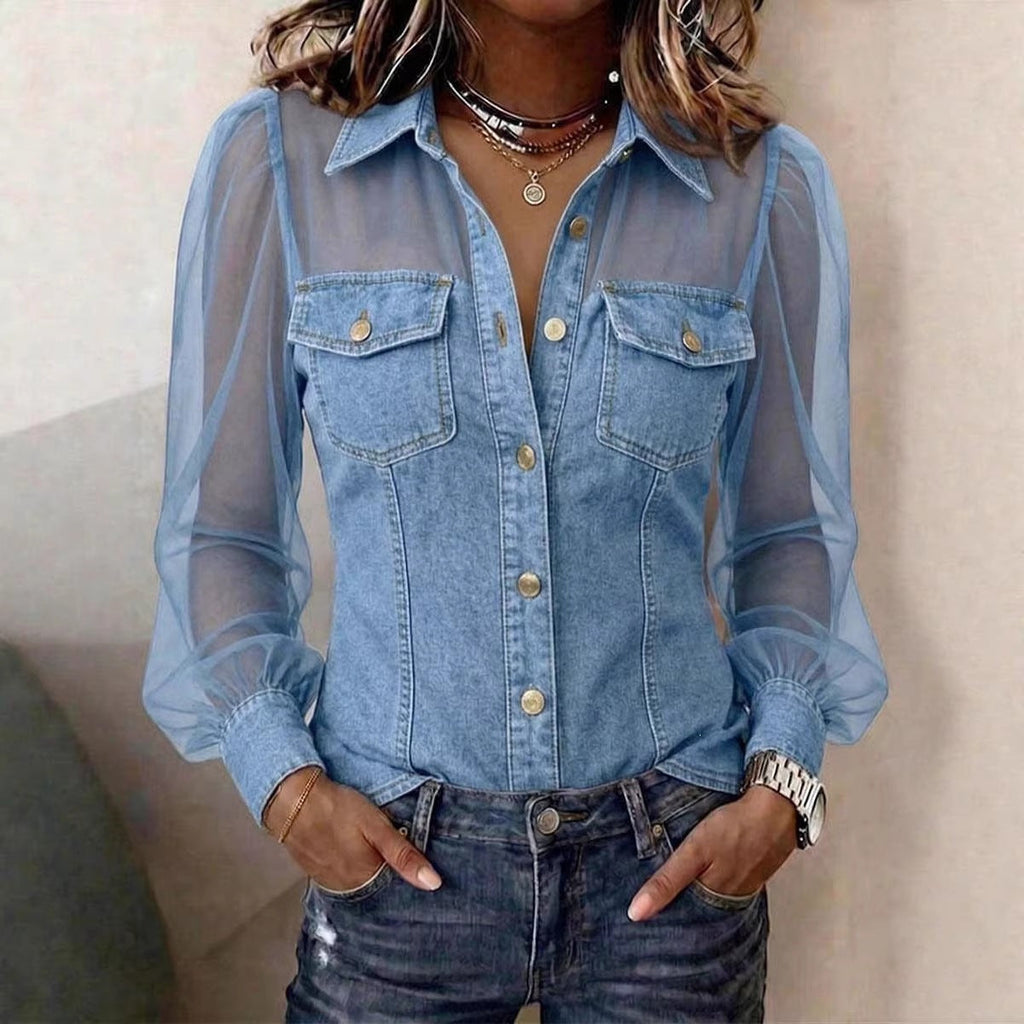Women's Casual Denim Patchwork Chiffon See Through Button Pocket Long Sleeve Blouse