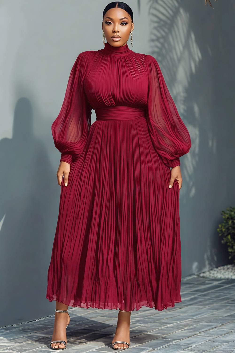 Churchs Navy Blue Mock Neck Lantern Sleeve Long Sleeve See Through Elegant Ruffled Midi Dresses