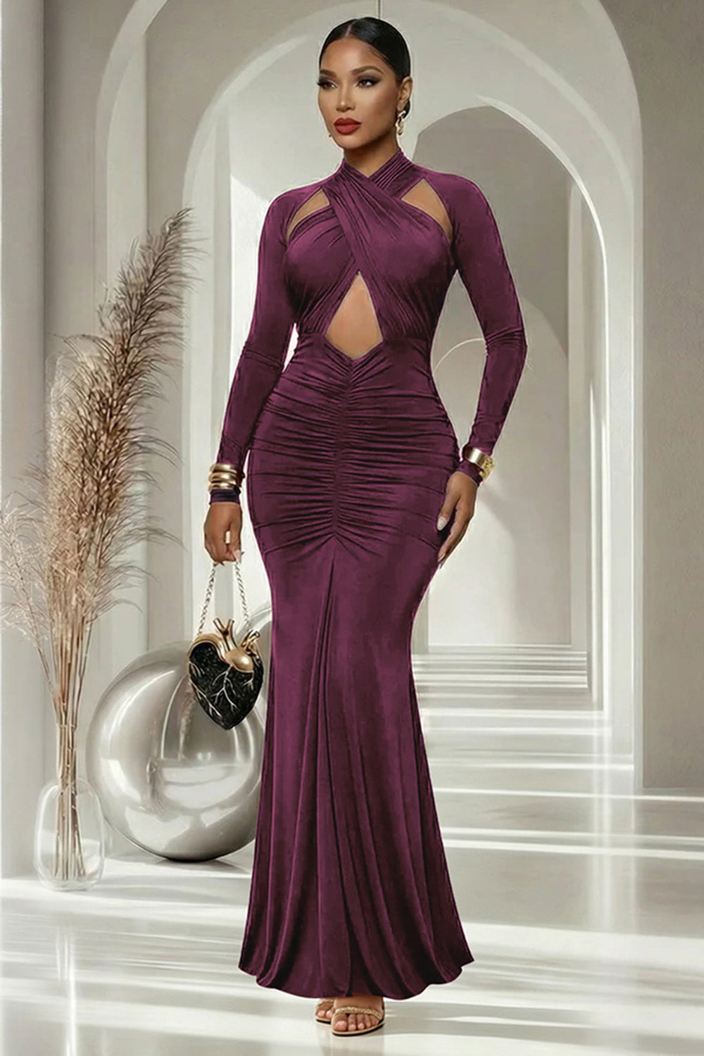 Cross Strap Front Cut Out Ruched Mermaid Evening Gowns Maxi Dresses-Burgundy
