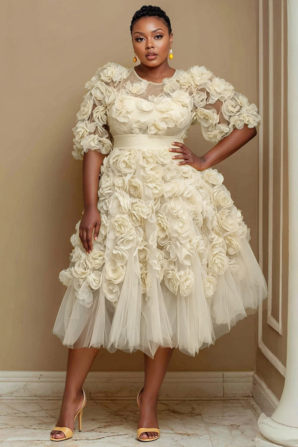 Wedding Guest Yellow Round Neck Short Sleeve 3D See Through Tulle Midi Dresses