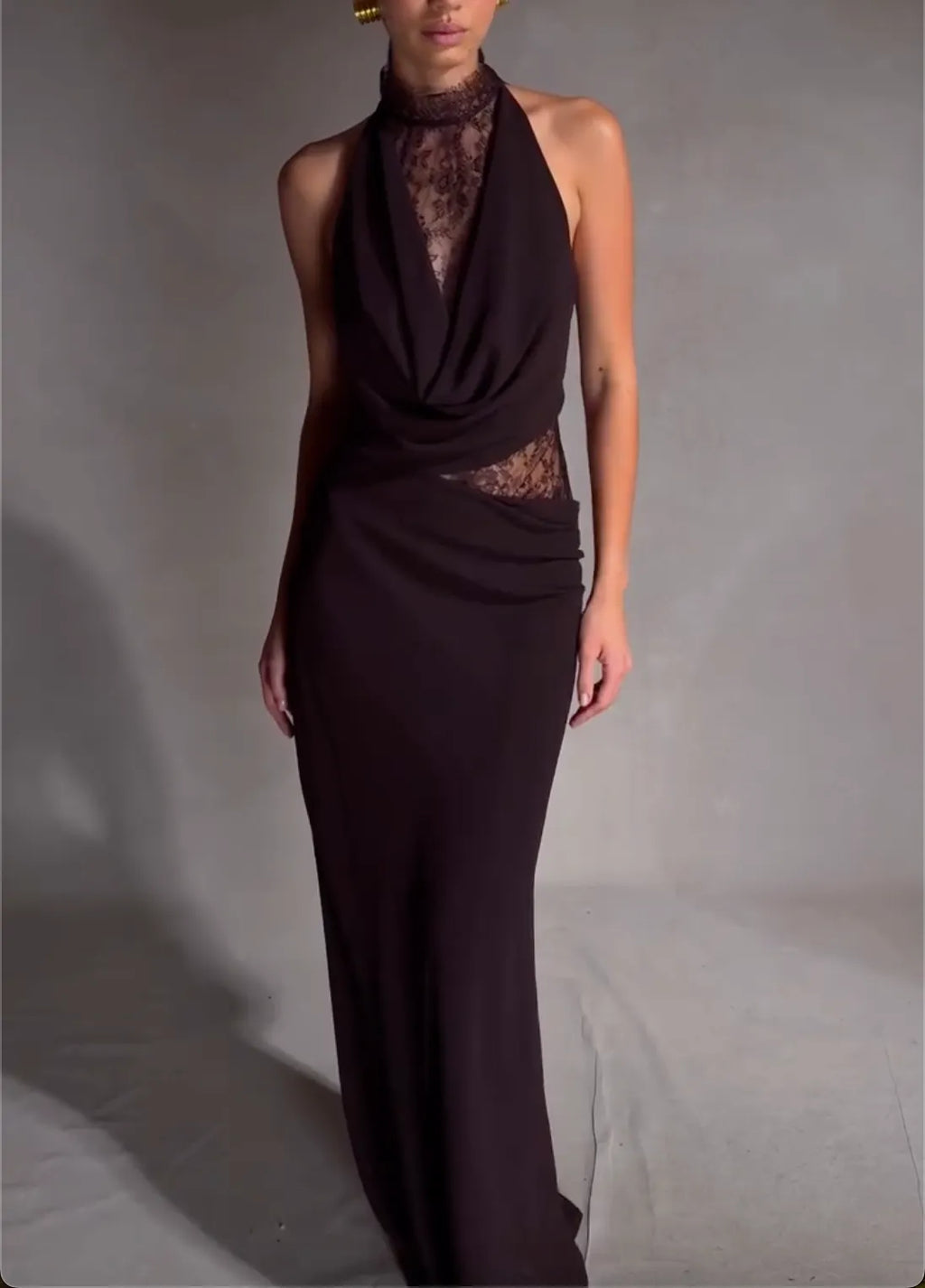 Dark Brown Lace Halter Maxi Dress with Cowl Neck & Sheer Waist Cutout