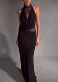 Dark Brown Lace Halter Maxi Dress with Cowl Neck & Sheer Waist Cutout