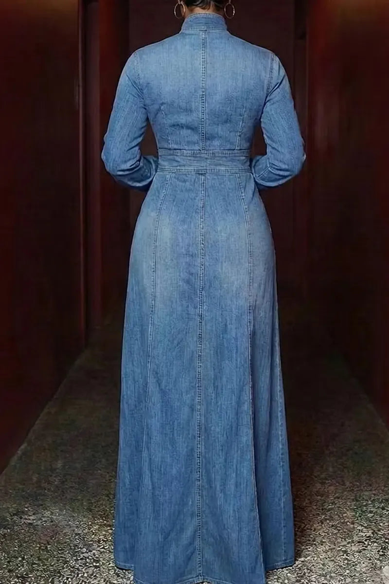 Women's Casual High Slit Long Sleeved Denim Maxi Skirt