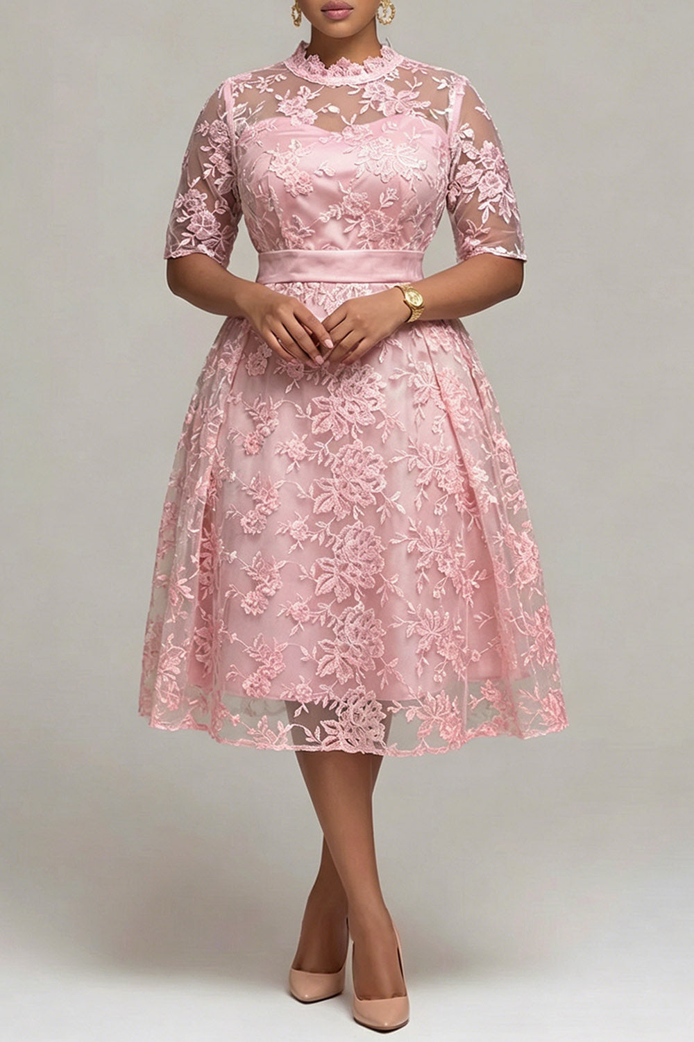 Mother Of The Bride Pink Round Neck Short Sleeve See Through Guipure Lace Midi Dresses