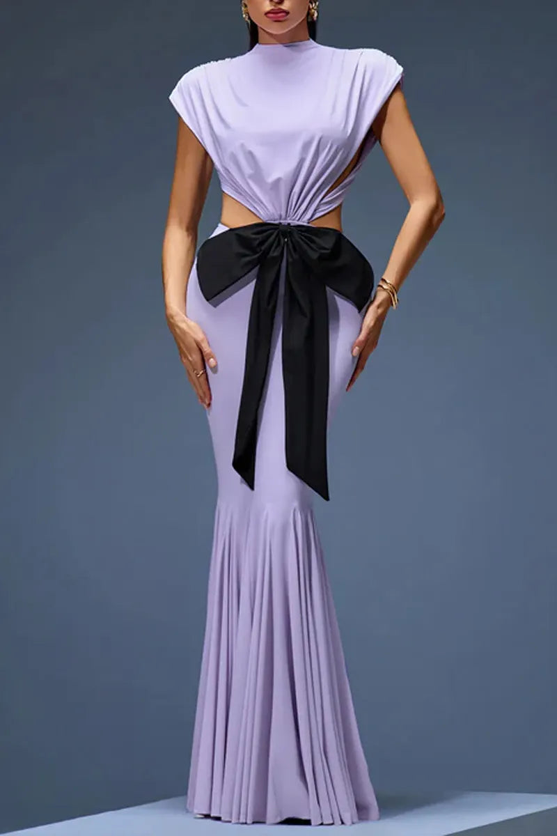 Women Lavender High Neck Cap Sleeve Cutout Waist Black Bow Mermaid Maxi Dress