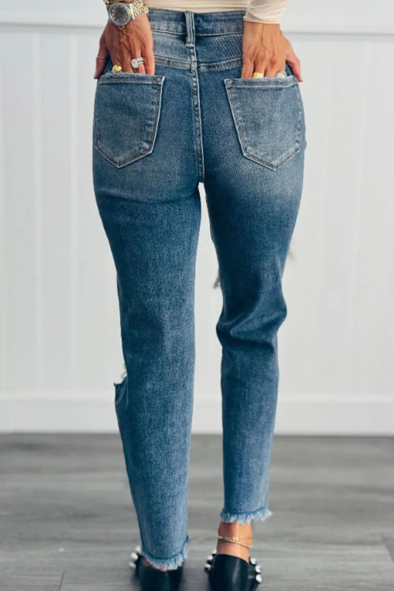 Women's Distressed Knee Rips High Waist Skinny Jeans