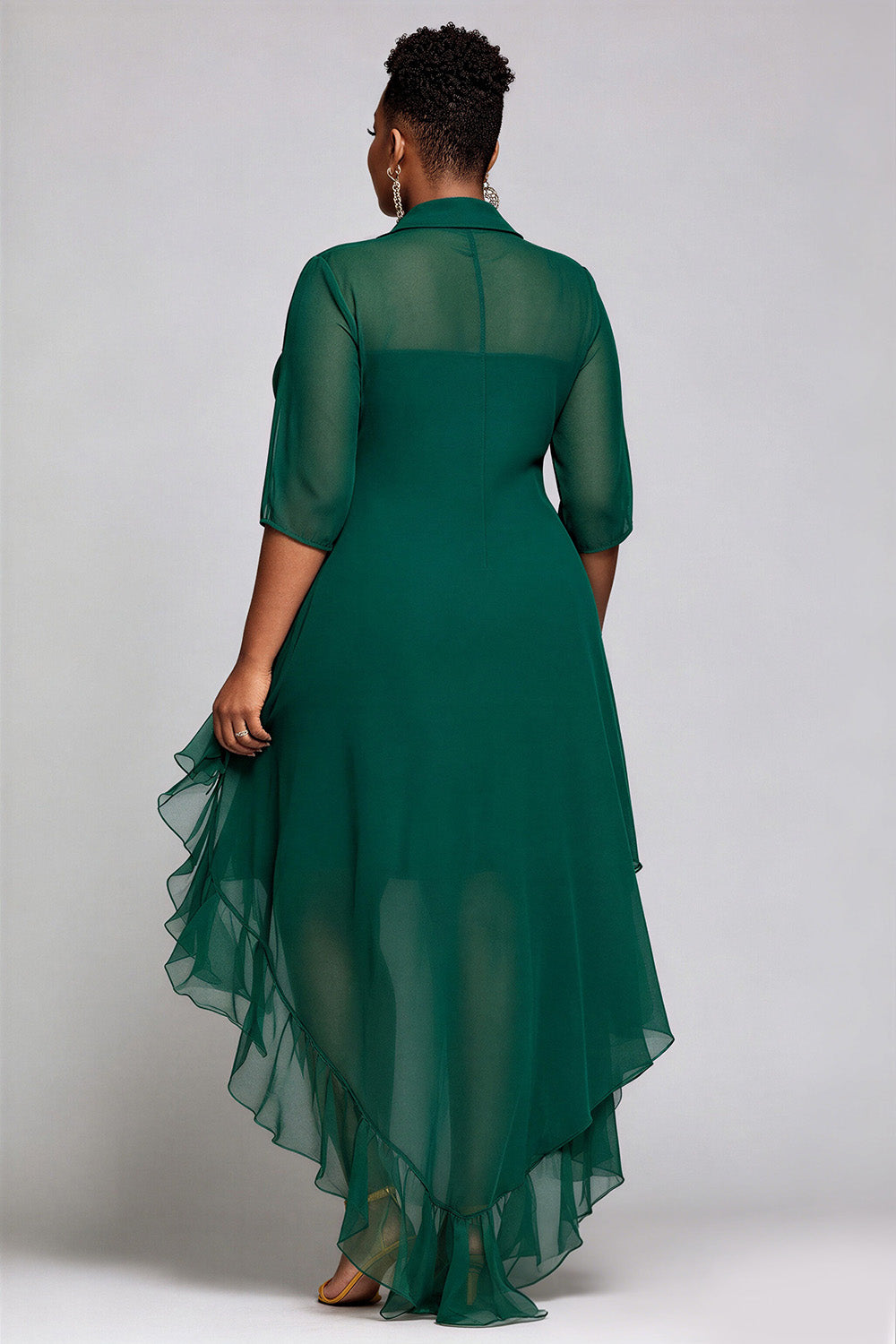 Vacation Emerald Green Shirt Collar Half Sleeve High Low Hem Ruffle Chiffon Midi Dresses [Pre-Order]