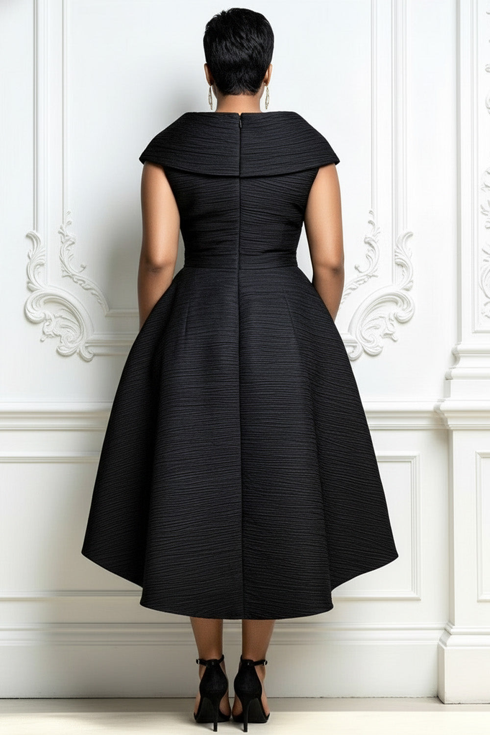Cocktail Party Black Wrap Neck Short Sleeve Pocket Irregular Hem Midi Dresses