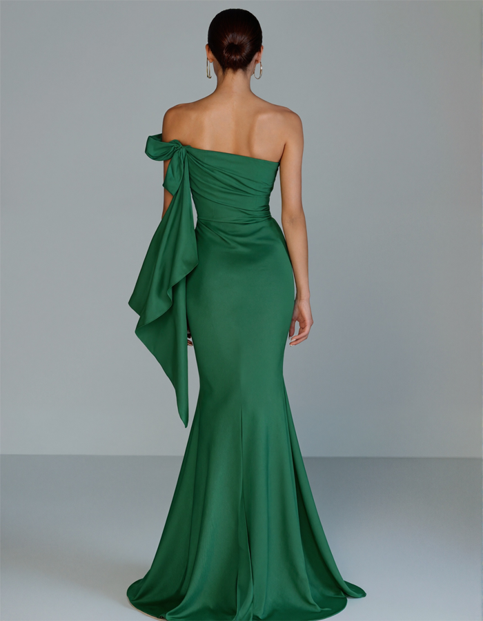 One-Shoulder Bow Satin Mermaid Maxi Dress