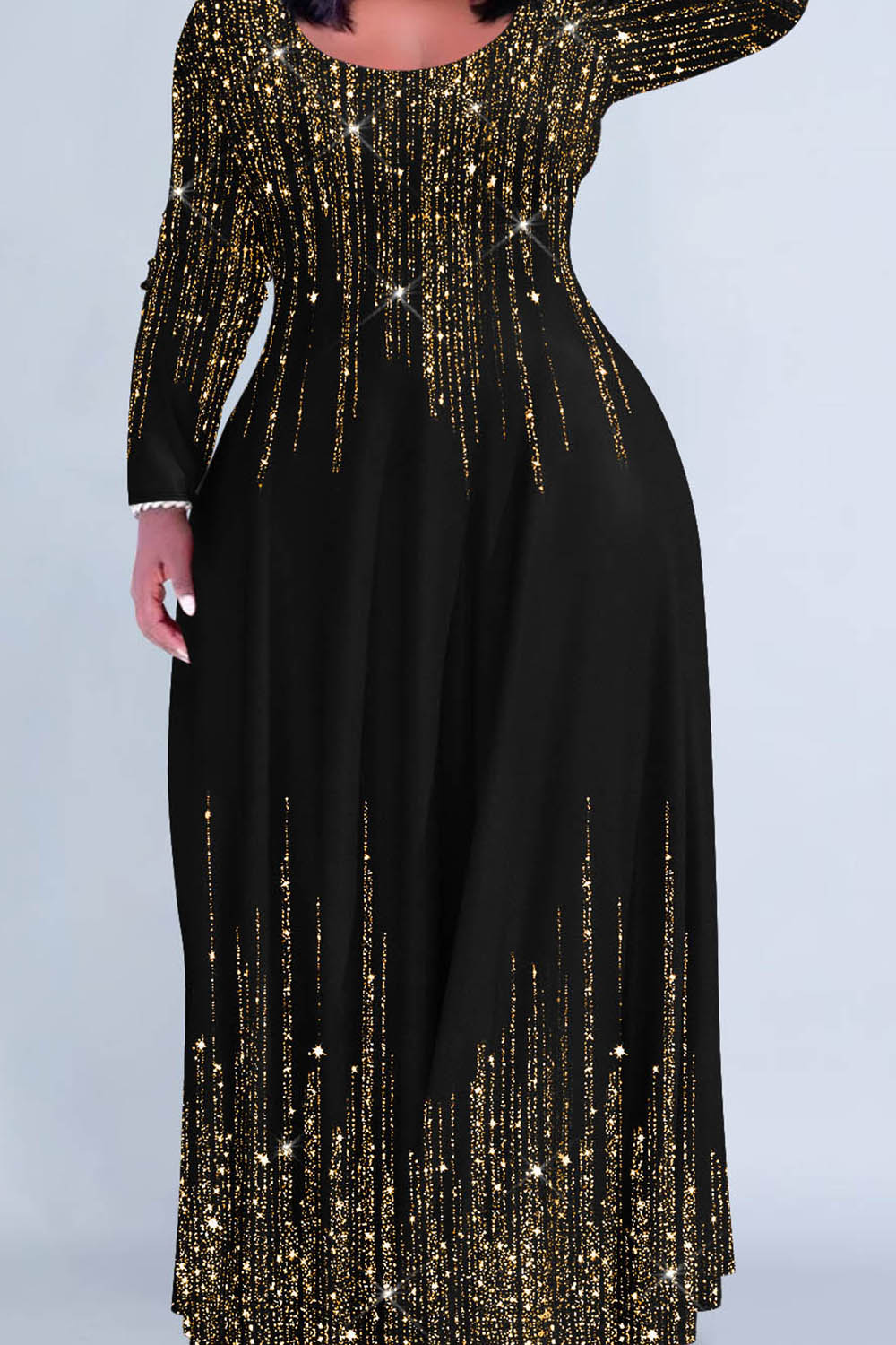Christmas Black Gradient Round Neck Long Sleeve Maxi Dresses