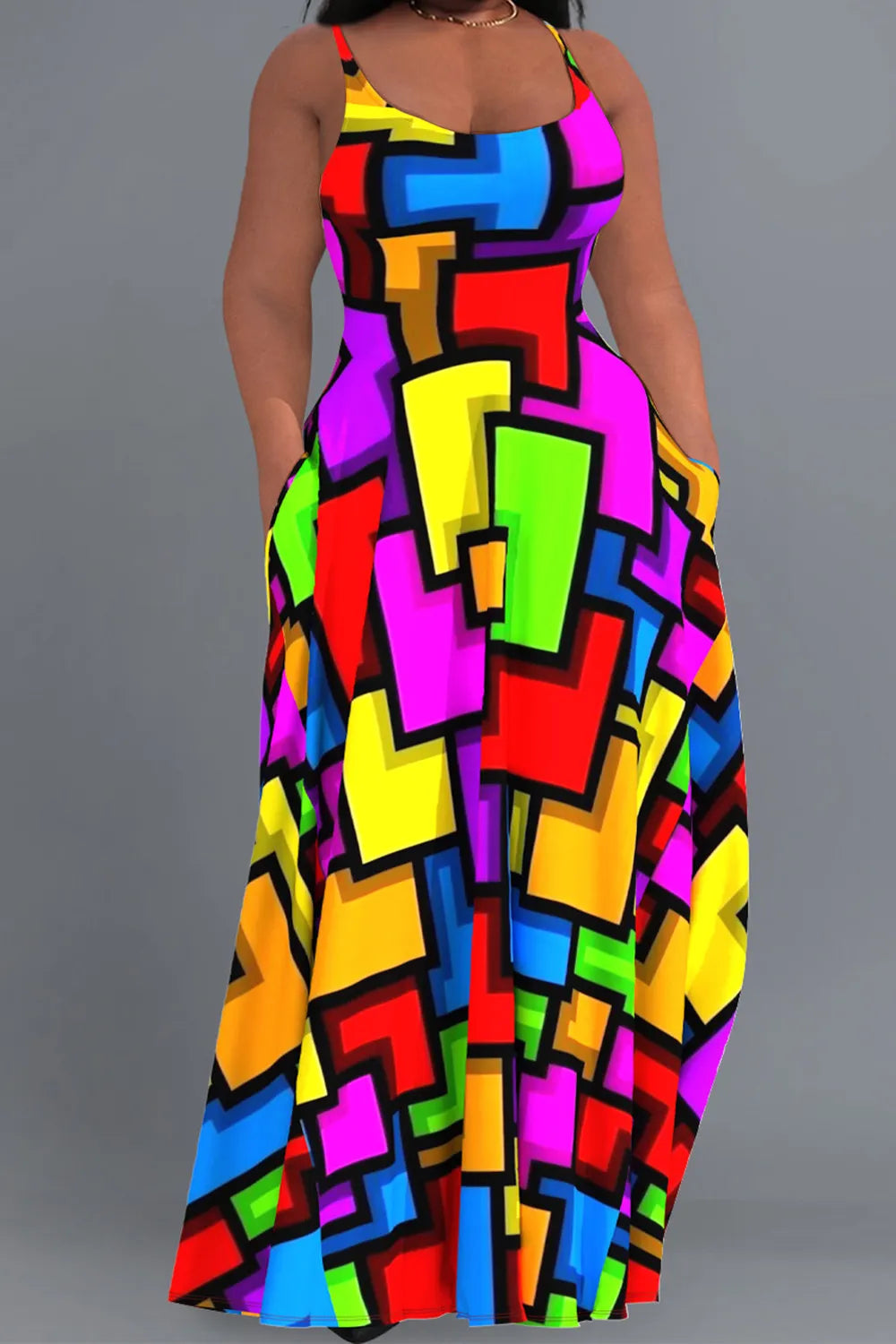 Casual Sundress Colorful Geometric Colorblock Cami With Pockets Maxi Dress