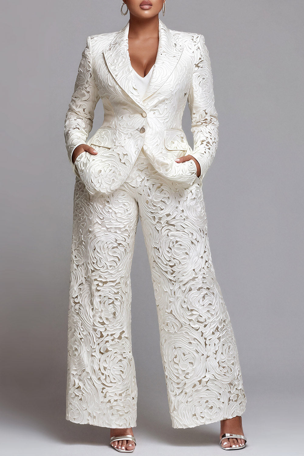White Lapel Collar Long Sleeve Pocket Wide Leg Two Piece Pant Suits