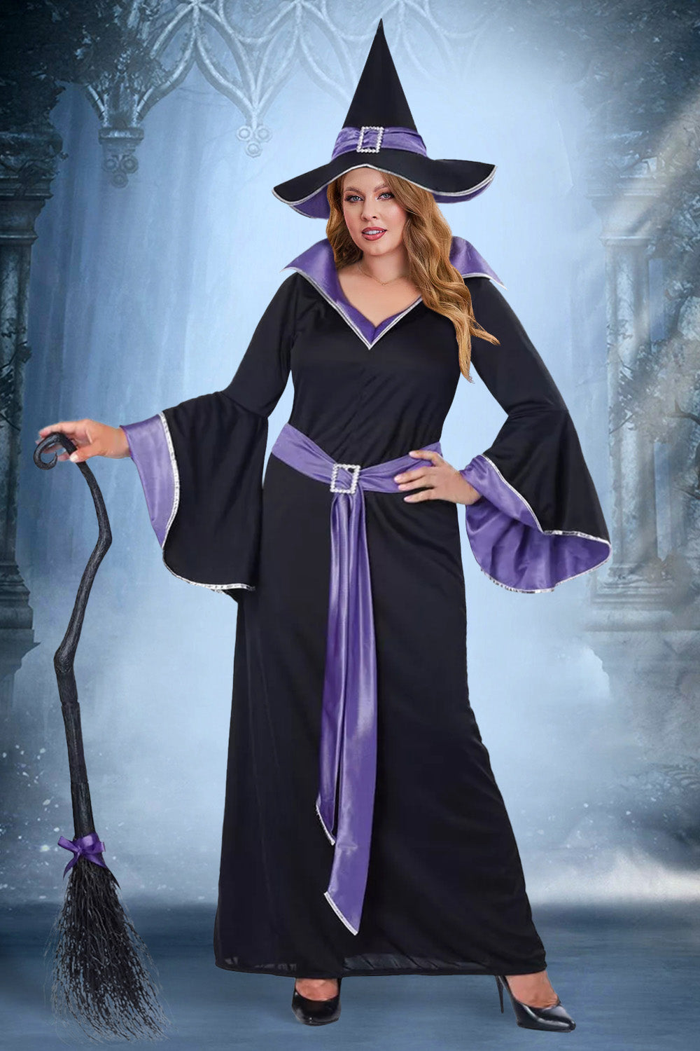 Halloween Costume Black Witches Cosplay Trumpet Sleeve Knitted Maxi Dress (Without Hat And Cane)(Ships 24h)