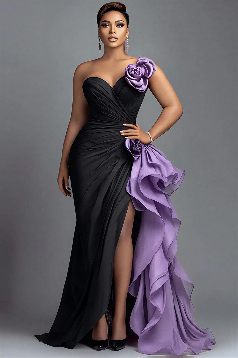 Organza Black Colorblock Oblique Collar Cap Sleeve Split Ruffle Satin Maxi Dresses