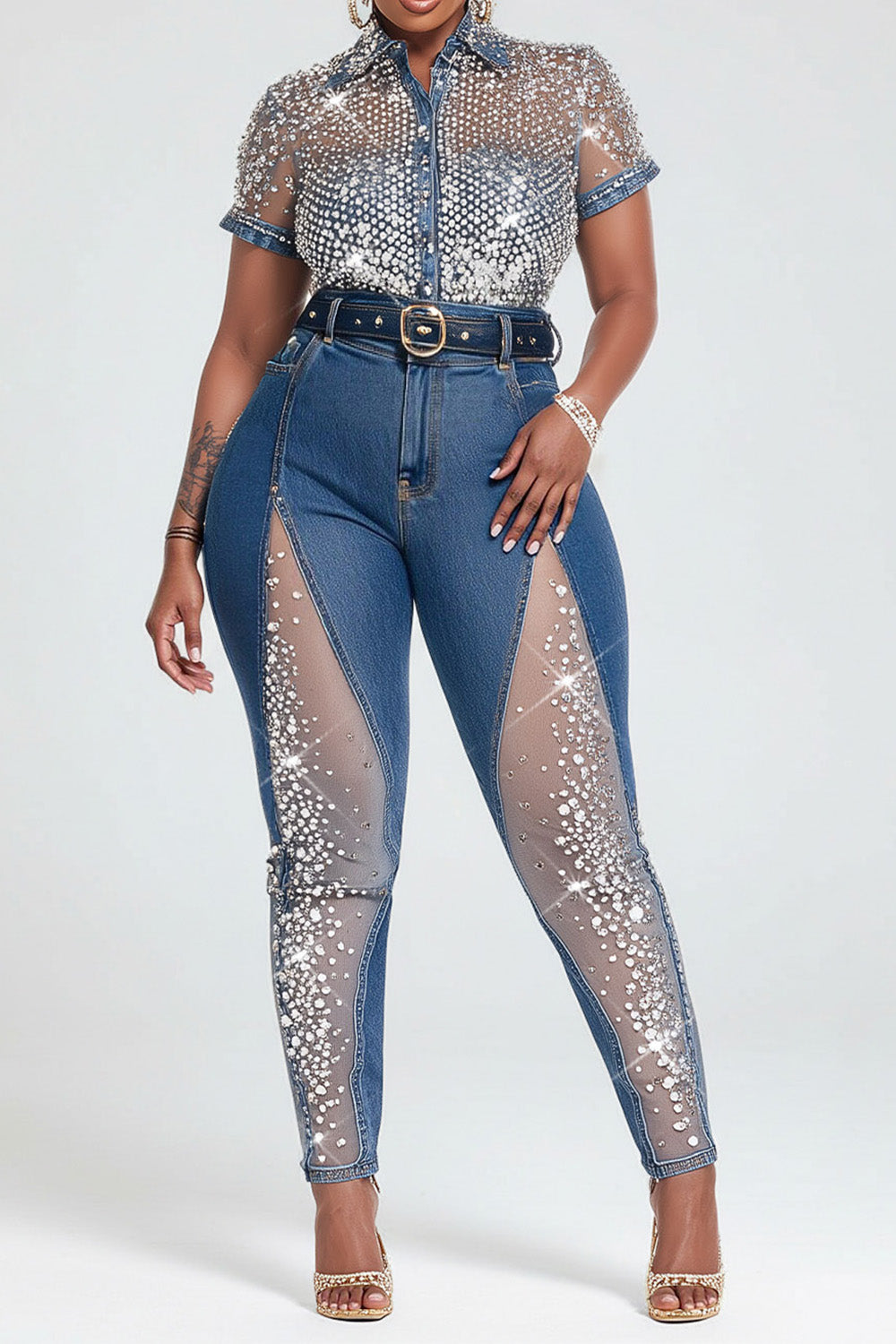 Xpluswear Design Plus Size Party Tulle Blue Drilling See Through Denim Jeans
