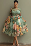 Vacation Sage Green Floral Round Neck 3/4 Sleeve See Through Tulle Midi Dresses