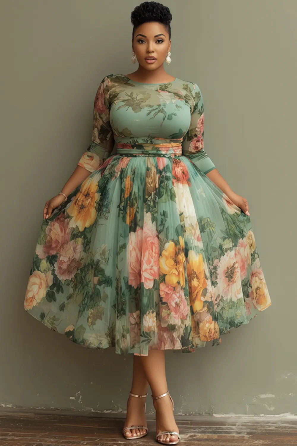 Vacation Sage Green Floral Round Neck 3/4 Sleeve See Through Tulle Midi Dresses