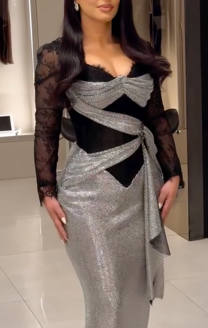 Silver Sequin & Black Lace Sheer Maxi Dress with Criss-Cross Waist & Train