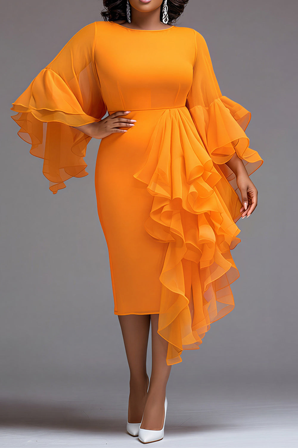 Cocktail Party Orange Round Neck Flare 3/4 Sleeve Ruffle Bodycon Chiffon Midi Dresses