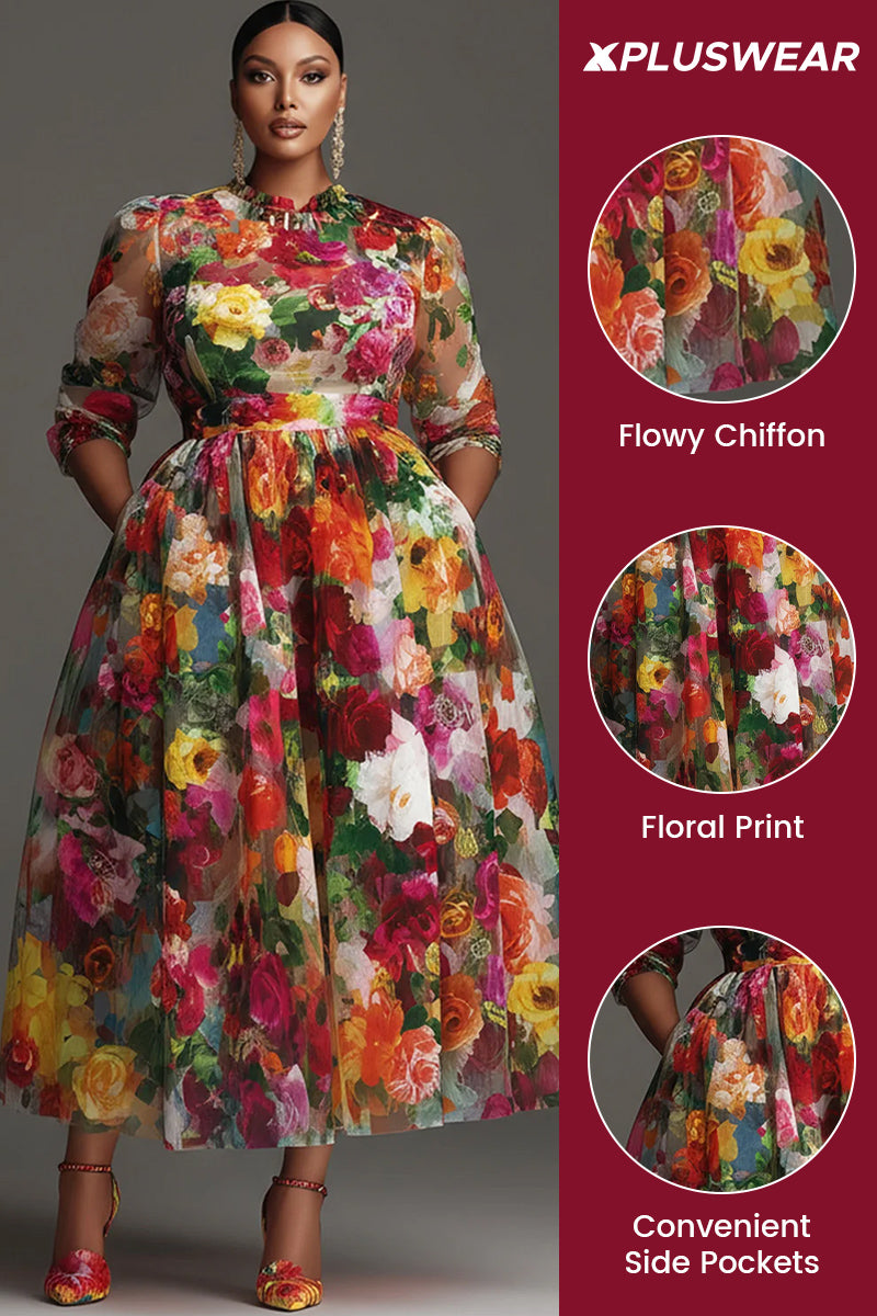 Cocktail Party Multicolor Floral Round Neck Long Sleeve Pocket Chiffon Midi Dresses