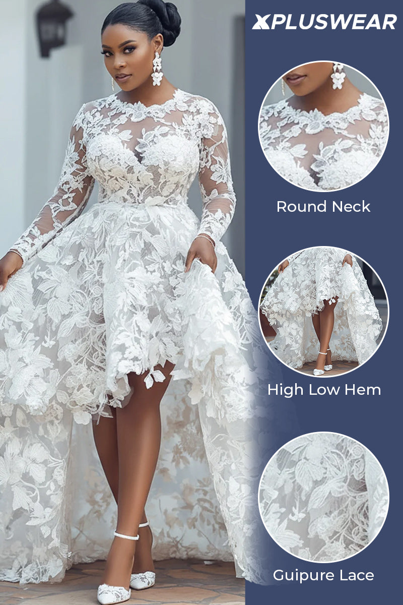 Wedding White Round Neck Long Sleeve See Through High Low Hem Guipure Lace Midi Dresses
