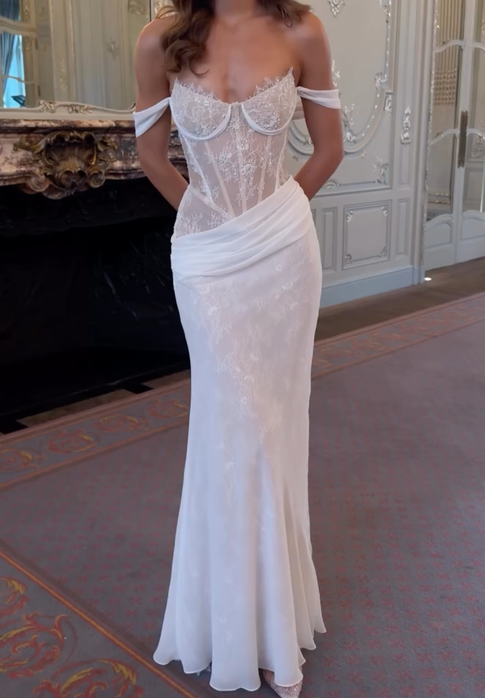 White Sheer Mesh Wedding Maxi Dress with Crystal Embellishments & Flowing Skirt