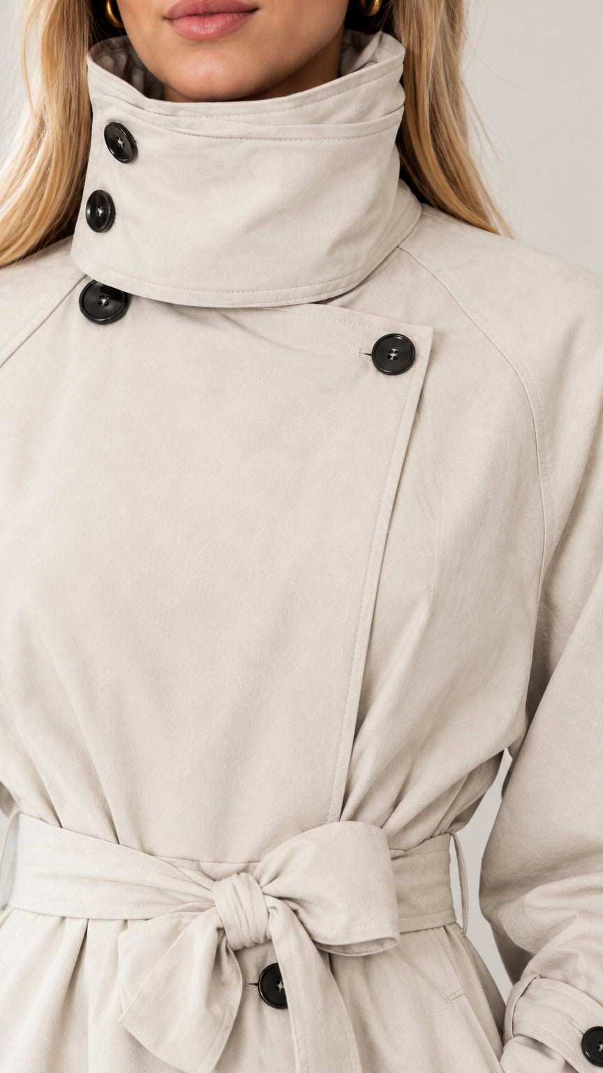 Women's High Neck Belted Maxi Trench Coat with Storm Flap