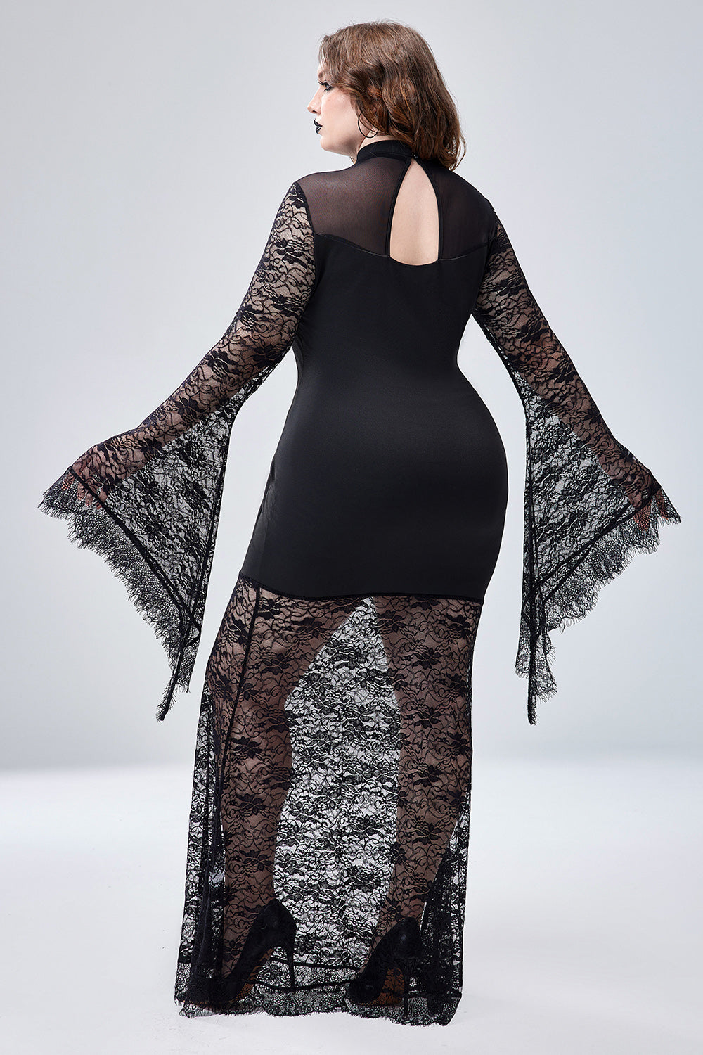 Halloween Costume Black Trumpet Sleeve Lace Maxi Dress(Ships 24h)