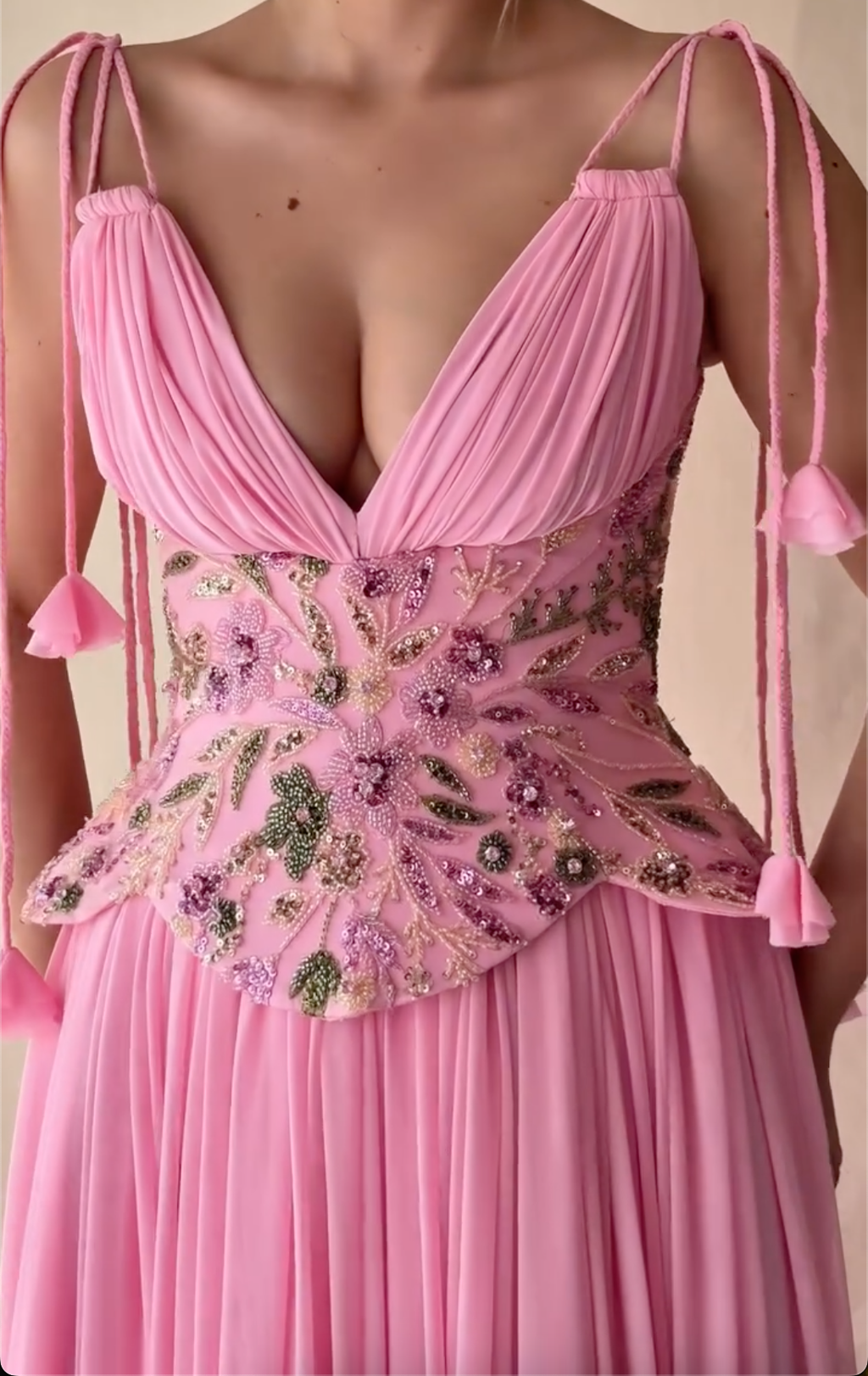 Blush Pink Spaghetti Strap Maxi Dress with Floral Beaded Peplum