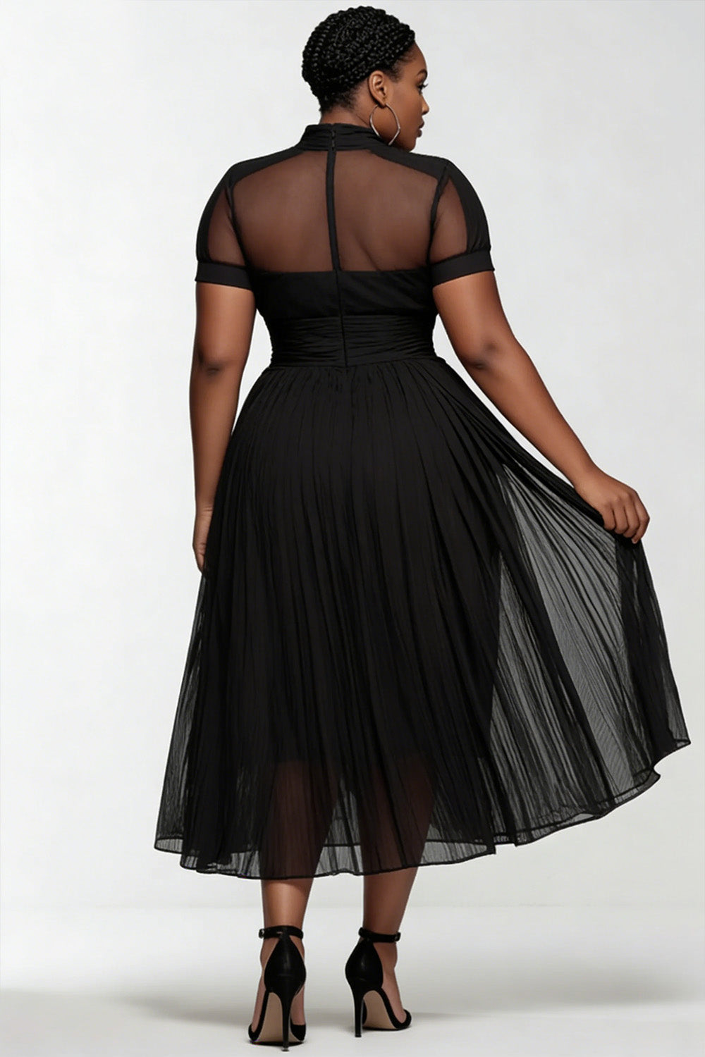 Party Black V Neck Short Sleeve See Through Pleated Chiffon Midi Dresses